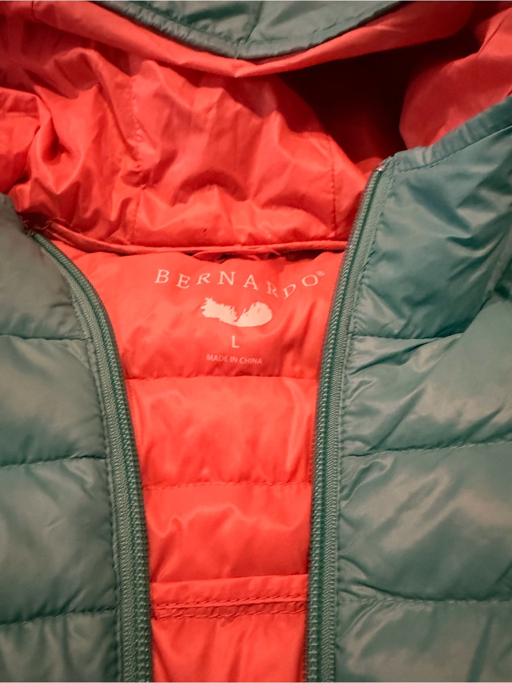 Bernardo Lightweight Hooded Puffer Jacket Women’s Large Teal Green Coral - Picture 3 of 4
